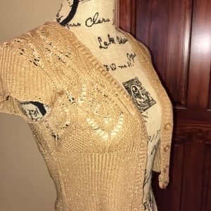 Gold crop crochet shrug, scalloped, 4 button